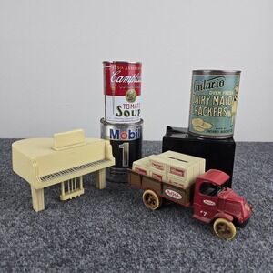 Vintage‎ Coin Bank Lot 6 Mobil 1 Campbell Soup Piano Truck Cracker Tin